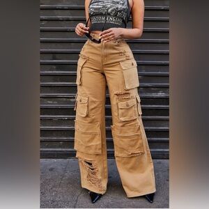 Tan Cargo Pants with Distressed Details